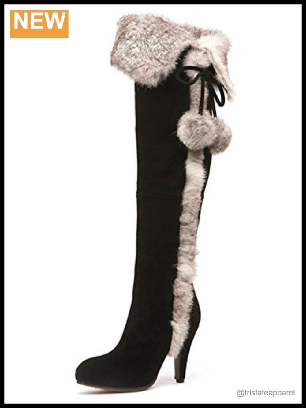 Women's Over the Knee Suede Fur Snow Boots with Pom Poms Fur Trim Zip
